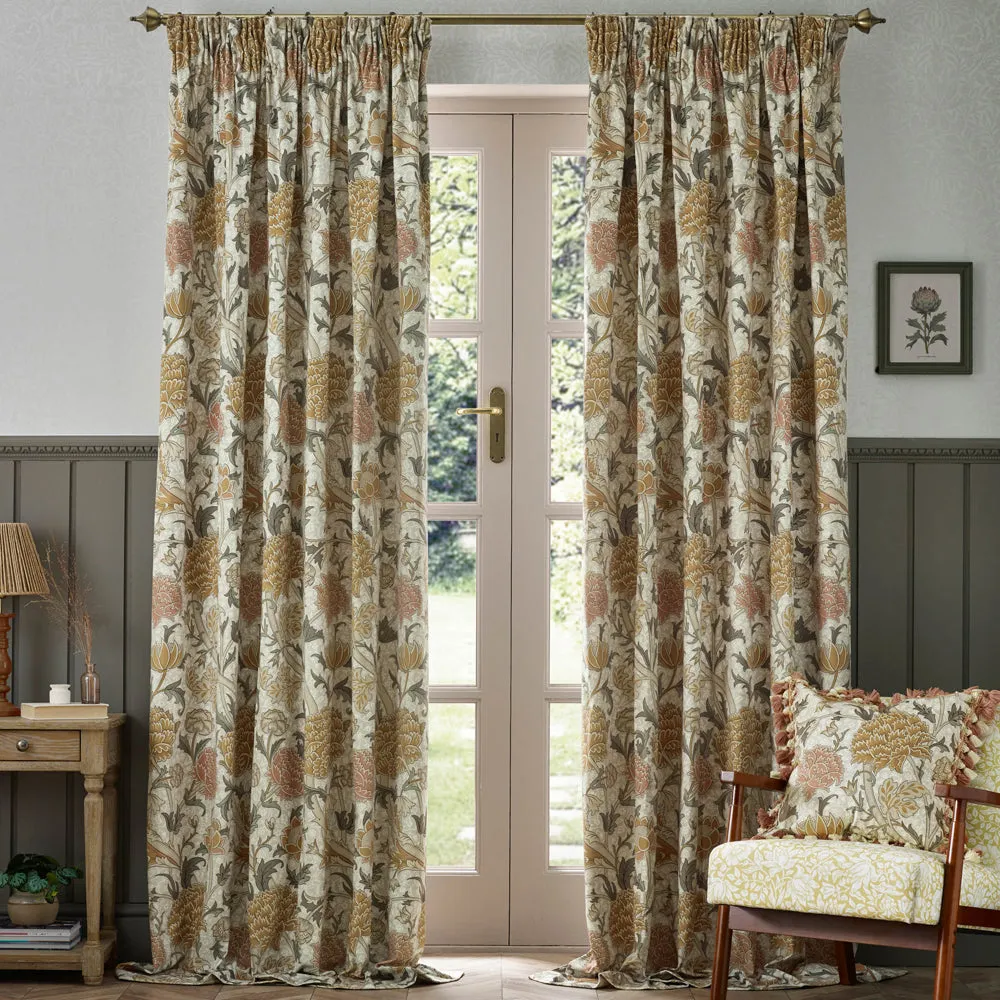 Cray Floral Velvet Pencil Pleat Curtains Stone/Clay