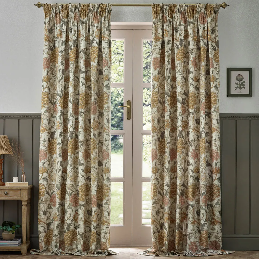 Cray Floral Velvet Pencil Pleat Curtains Stone/Clay