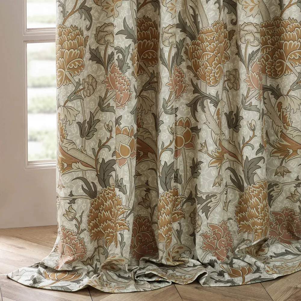 Cray Floral Velvet Pencil Pleat Curtains Stone/Clay