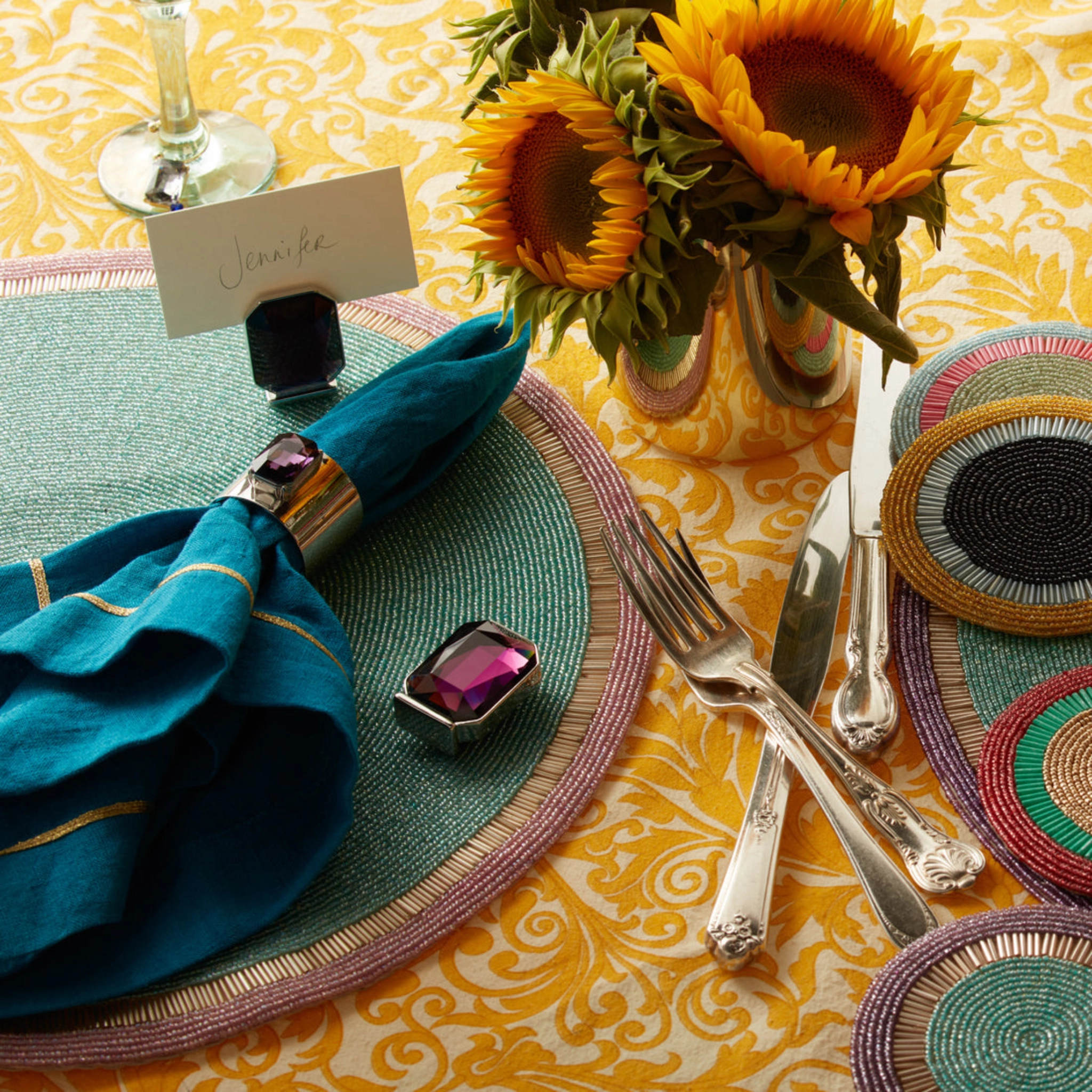 Damask Print Tablecloth, Yellow