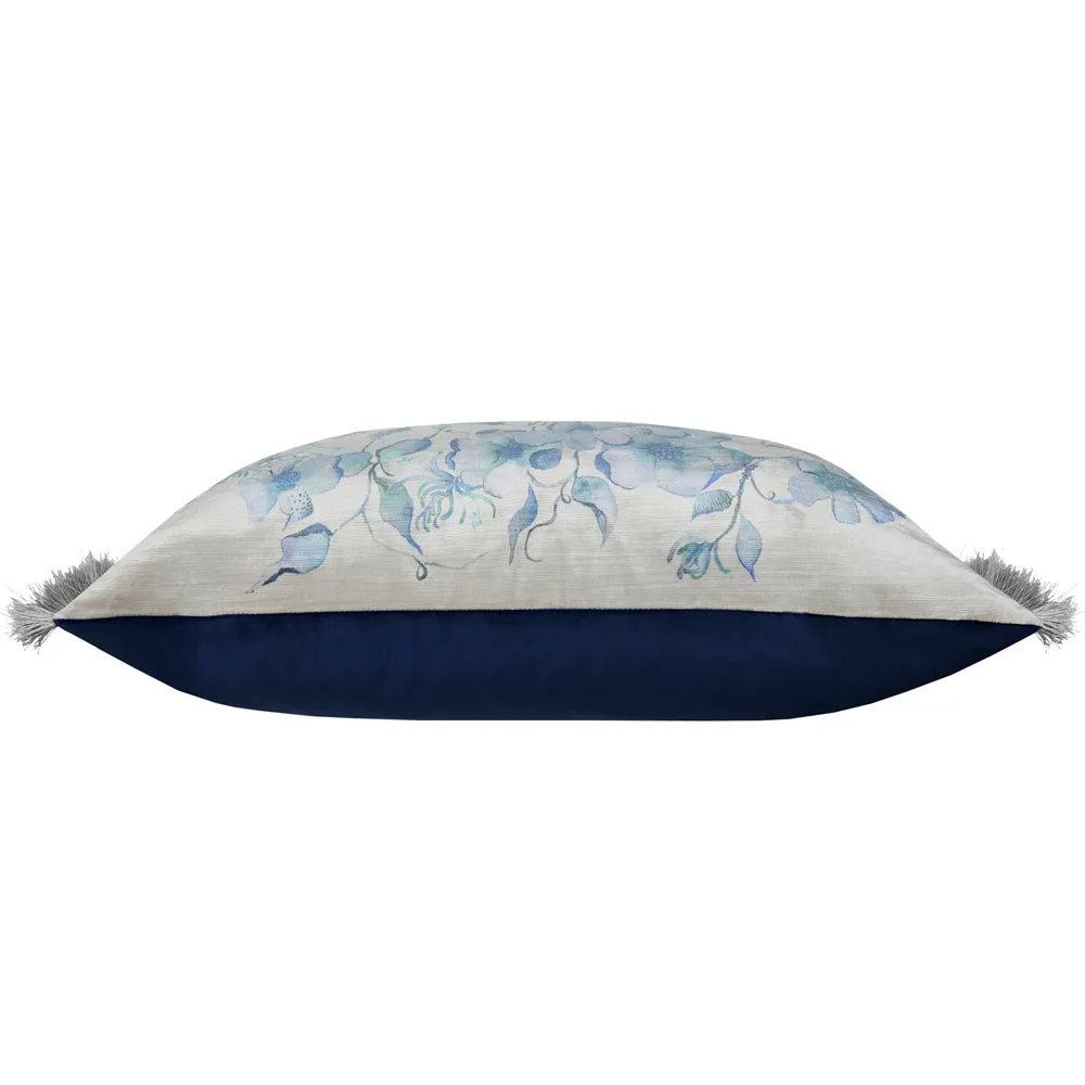 Daphne Printed Ruche Fringe Cushion Blue
