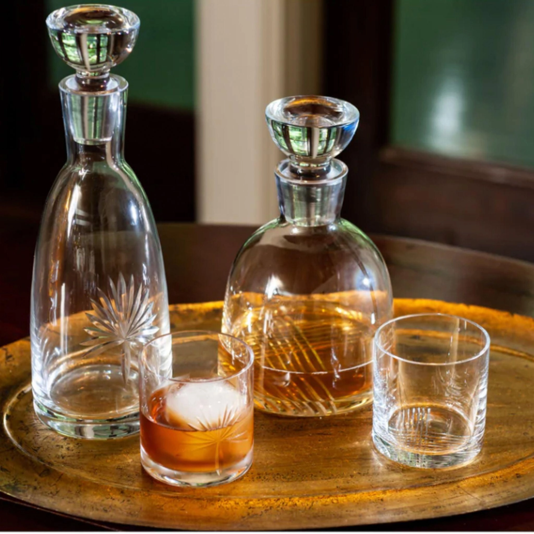 Double Old-Fashioned Etched Glass With Palm Design