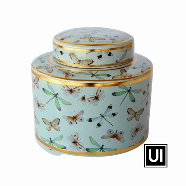 DUCK EGG BLUE & GOLD DRAGONFLY JAR WITH LID 16.5X19CM