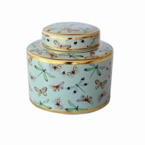 DUCK EGG BLUE & GOLD DRAGONFLY JAR WITH LID 16.5X19CM decorative home ornament