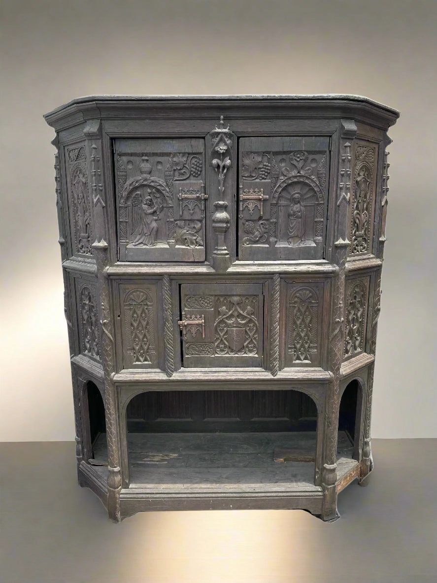 EARLY LARGE CREDENCE OAK GOTHIC 19TH CENTURY CABINET artistic wall mural