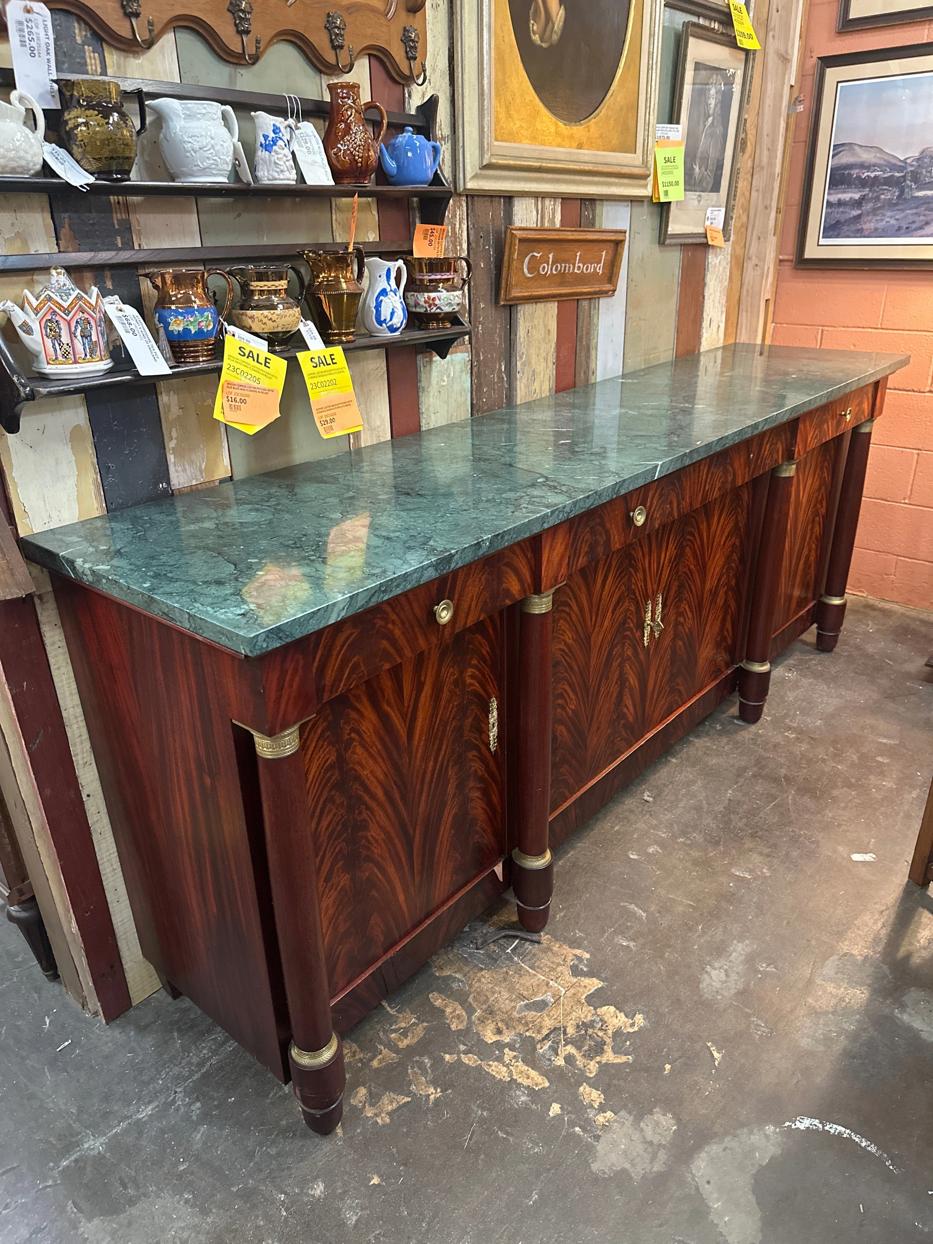 EMPIRE GREEN MARBLE TOP MAHOGANY SIDEBOARD AS FOUND