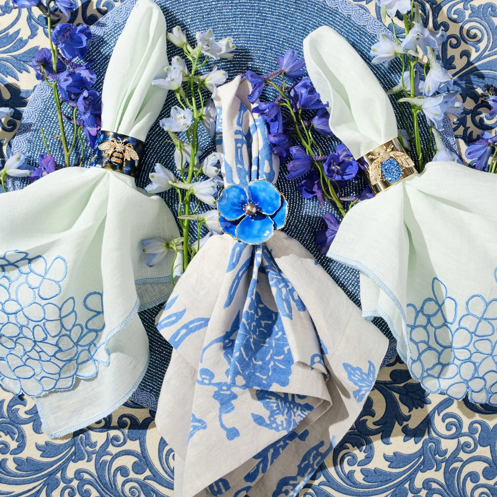 Enamel Flower Napkin Rings, Blue, Set of Four