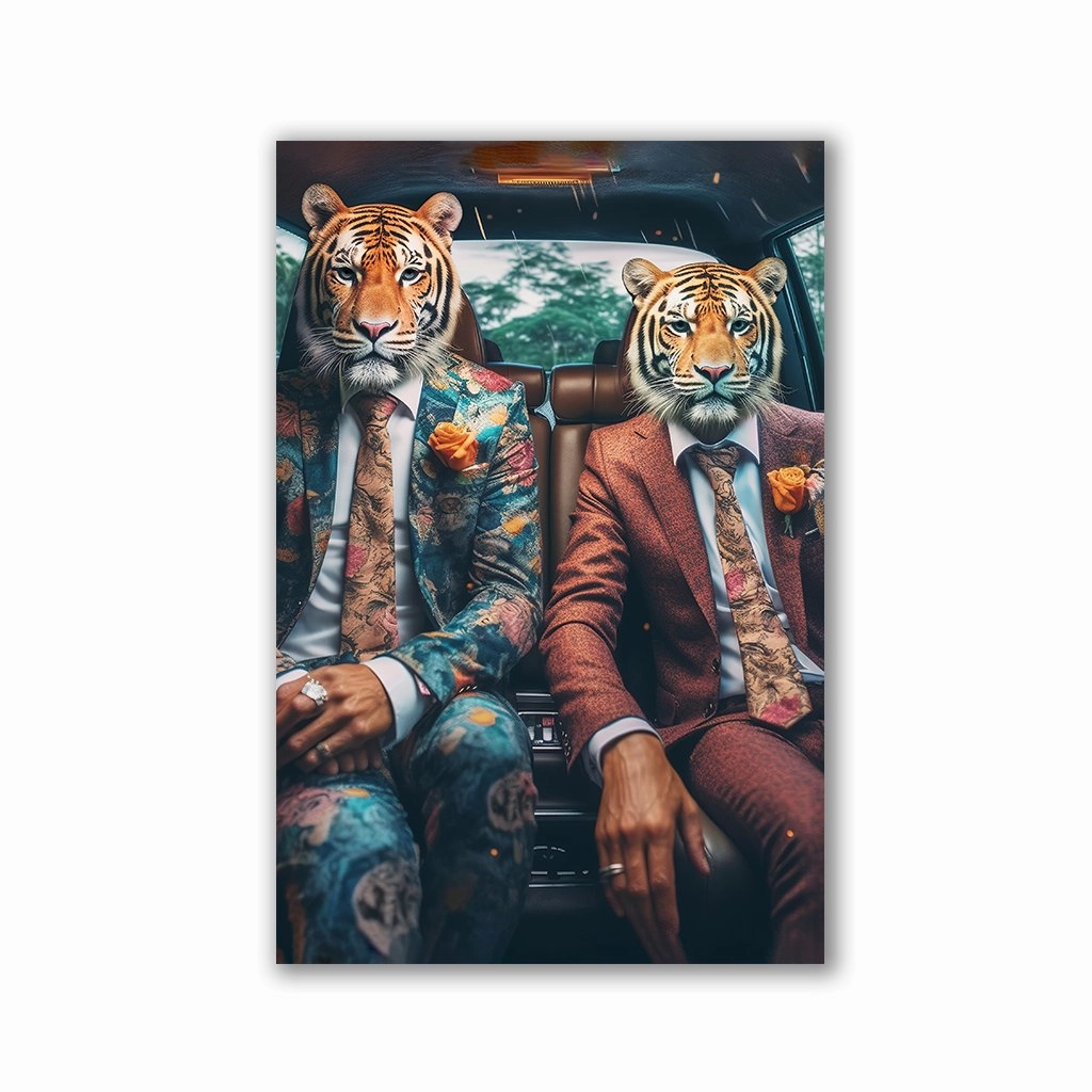 Exuberant Tiger Duo by Juliano de Araujo framed mural artwork