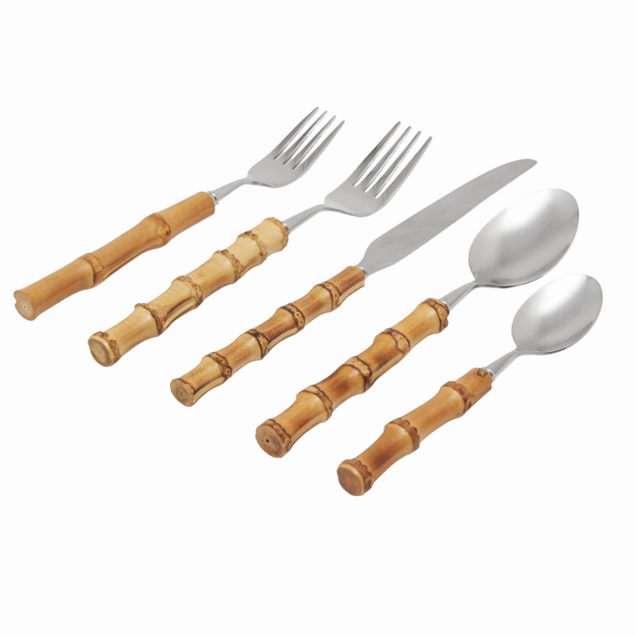 Five Piece Bamboo and Stainless Steel Flatware Set