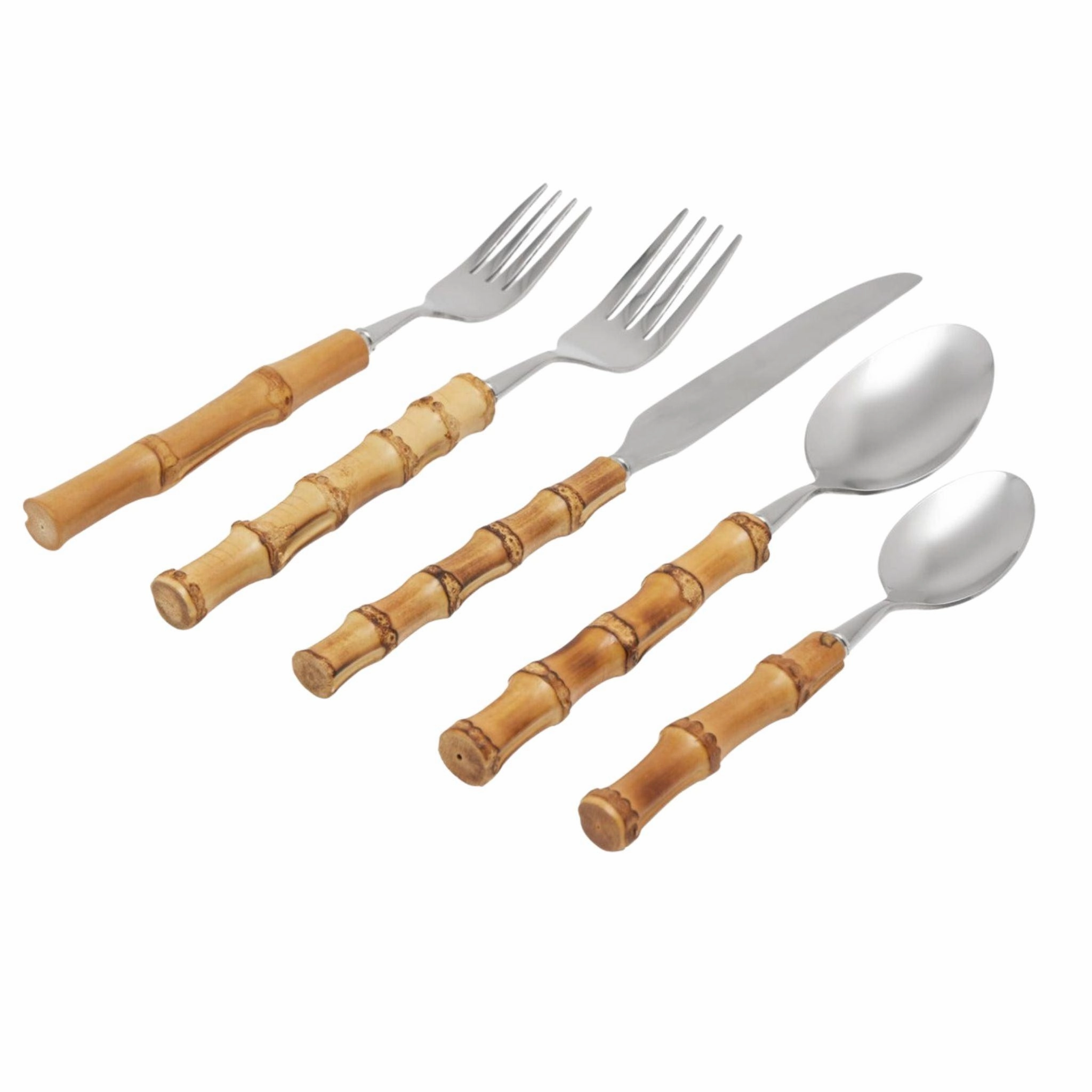 Five Piece Bamboo and Stainless Steel Flatware Set