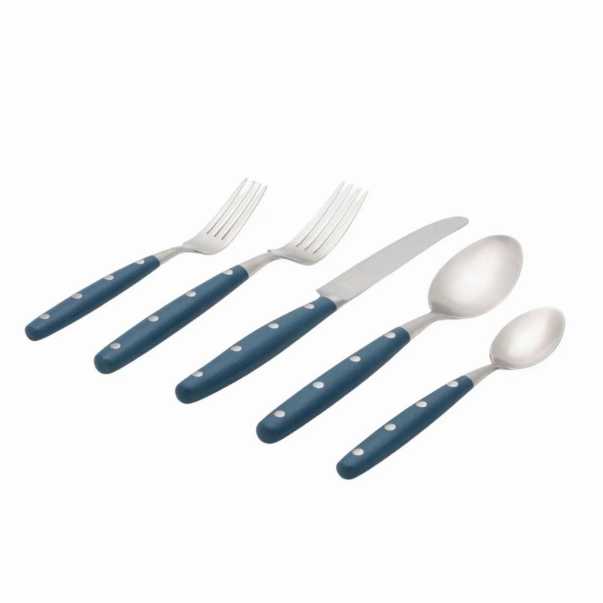 Five Piece Stainless Steel Paris Bistro Style Flatware Set with Navy Handles