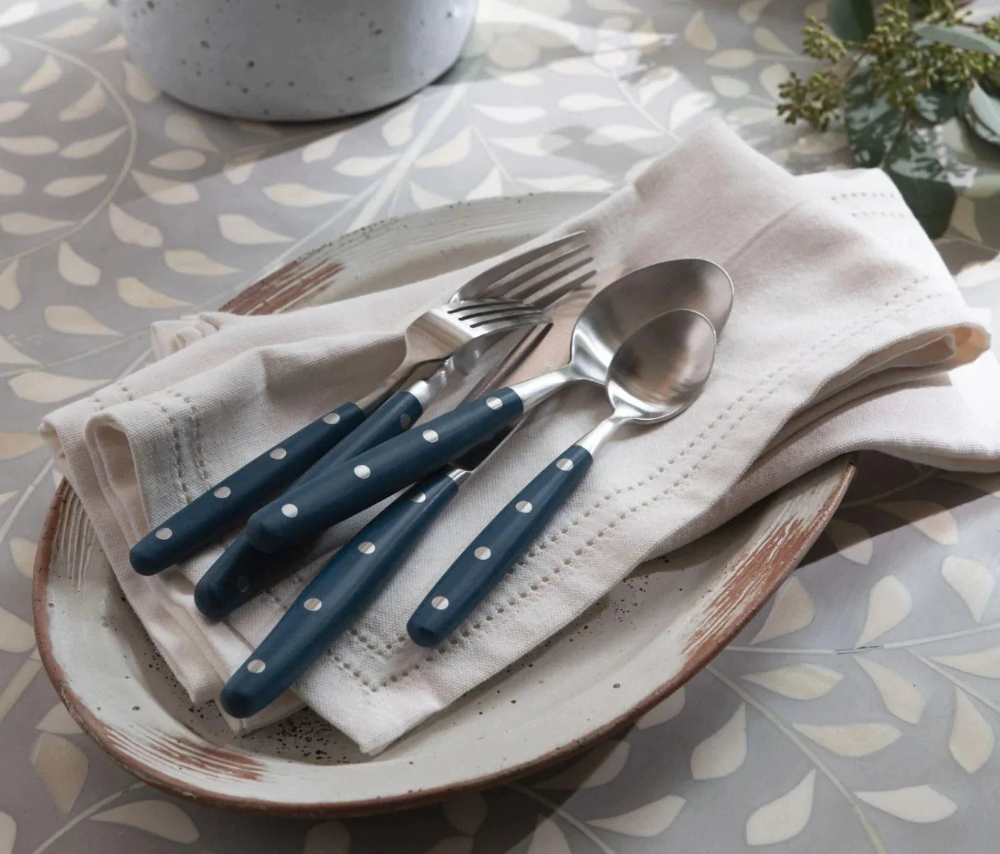 Five Piece Stainless Steel Paris Bistro Style Flatware Set with Navy Handles