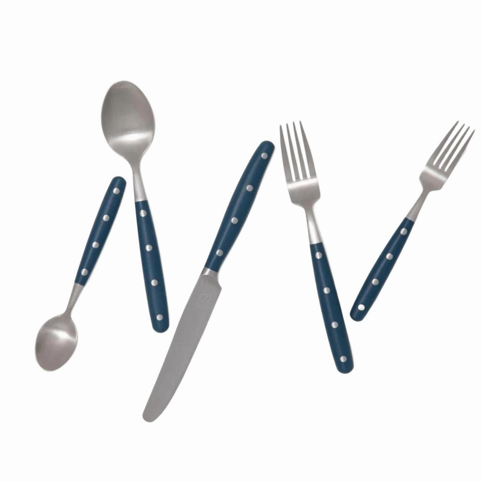 Five Piece Stainless Steel Paris Bistro Style Flatware Set with Navy Handles
