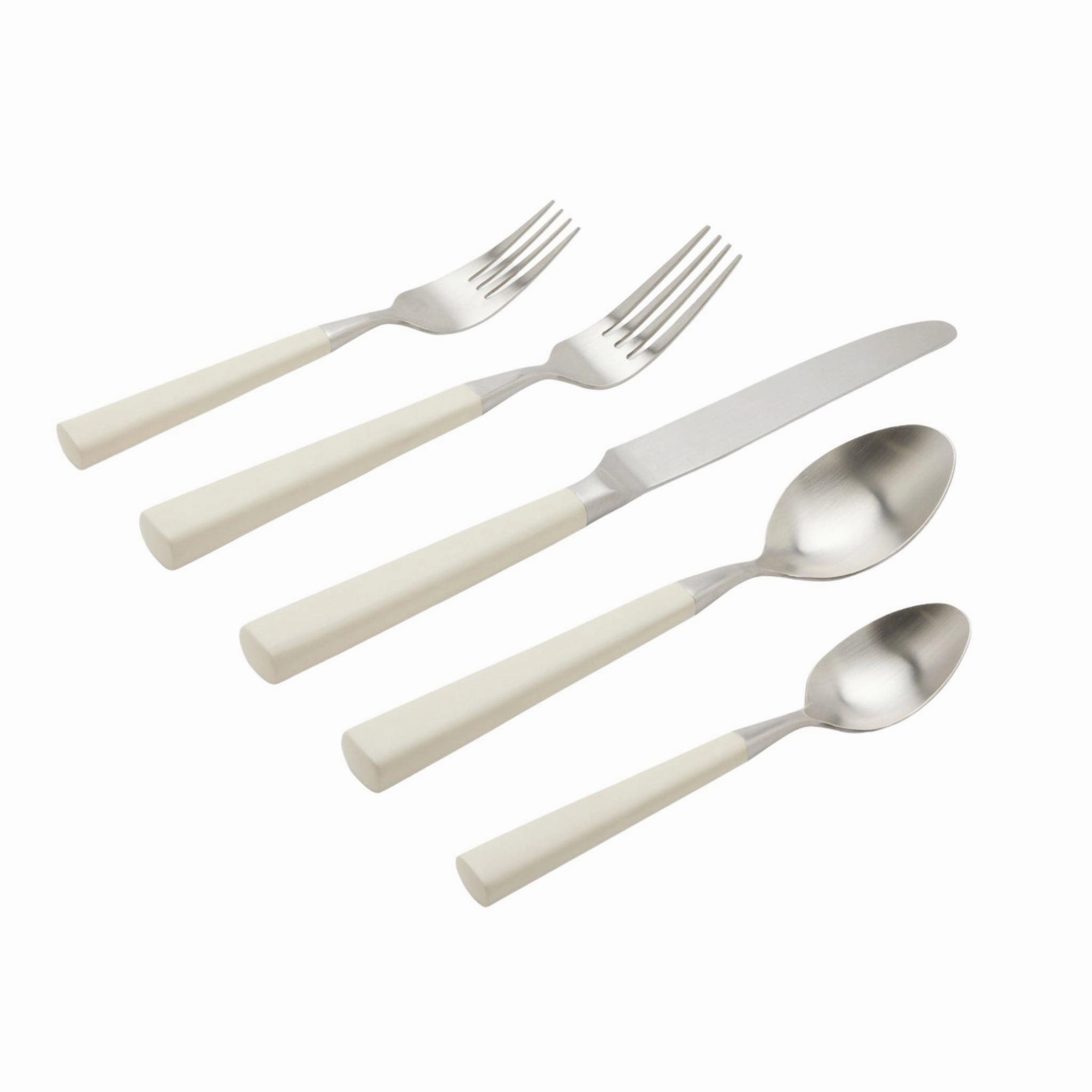 Five Piece White and Stainless Steel Flatware Set