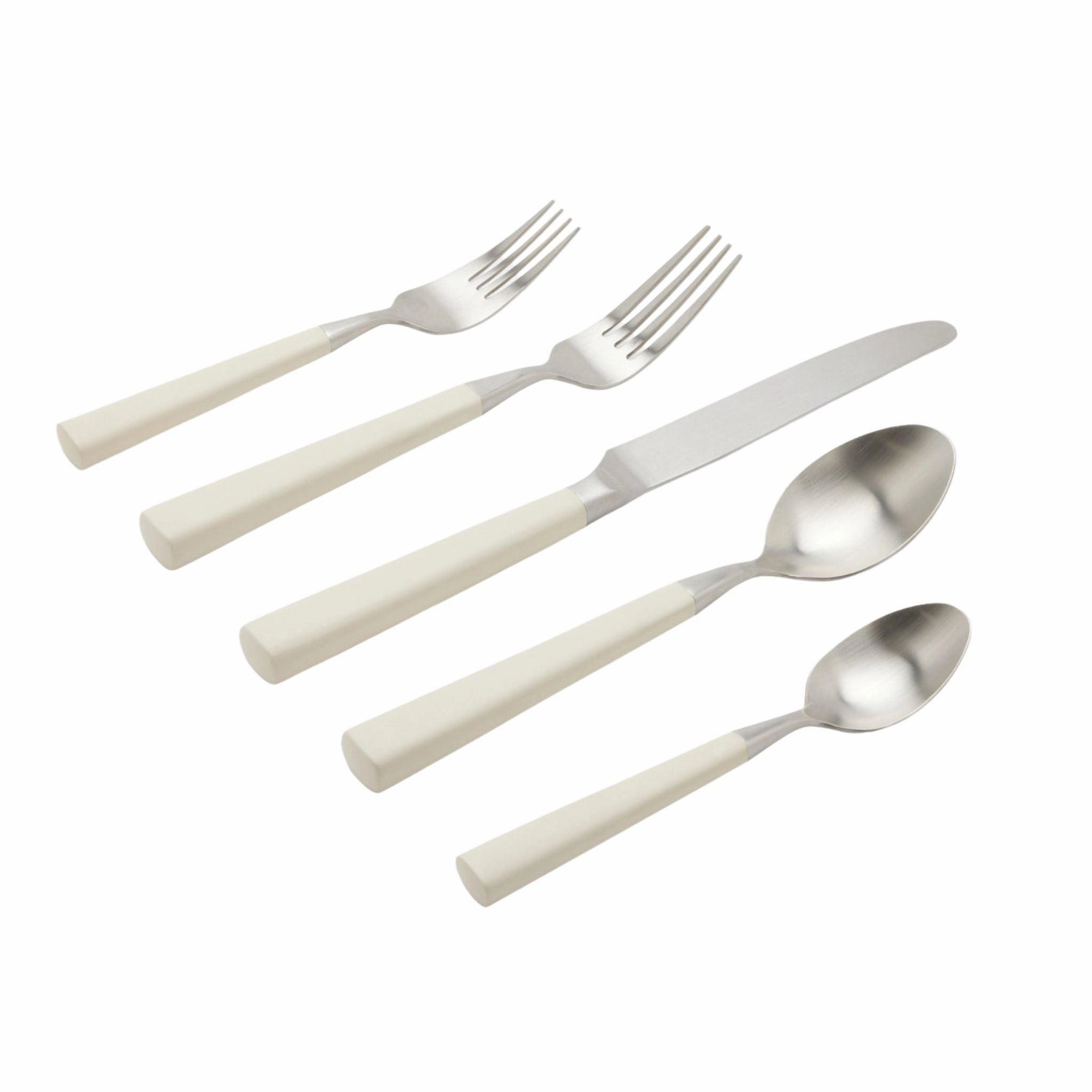 Five Piece White and Stainless Steel Flatware Set