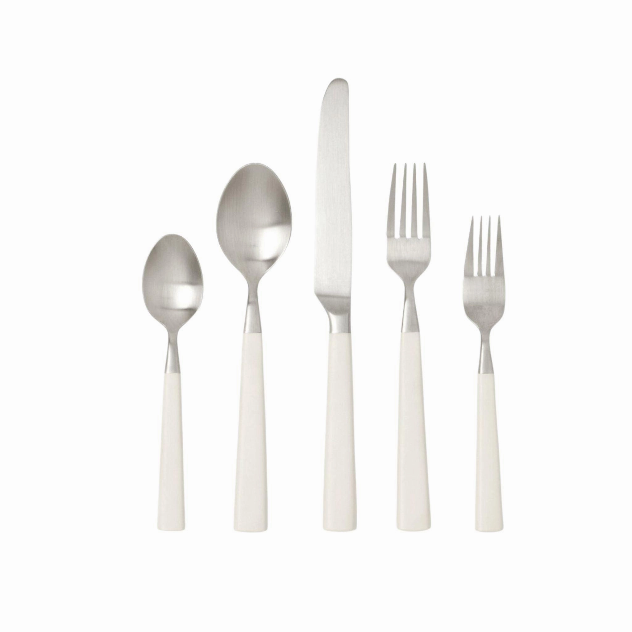 Five Piece White and Stainless Steel Flatware Set cute desktop display