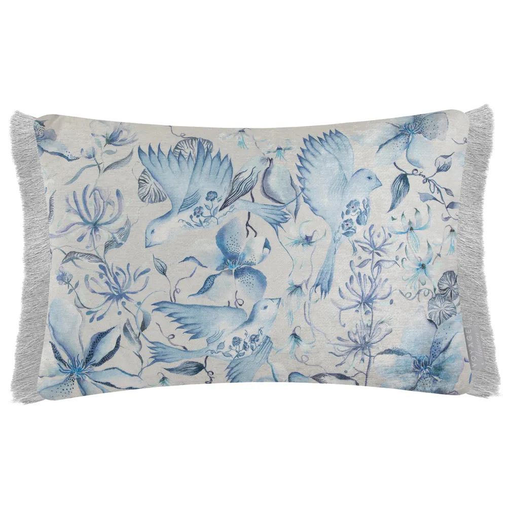 Floella Printed Ruche Fringe Cushion Delft Blue
