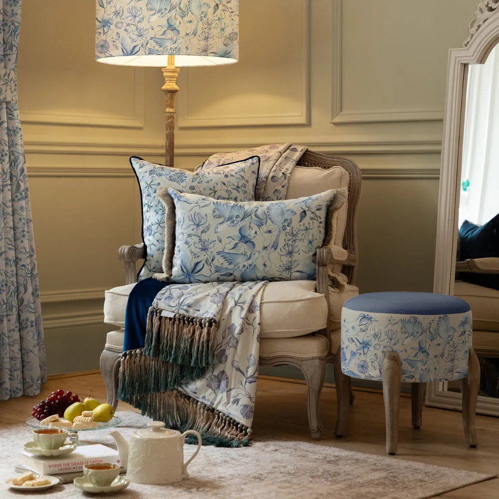 Floella Printed Ruche Fringe Cushion Delft Blue