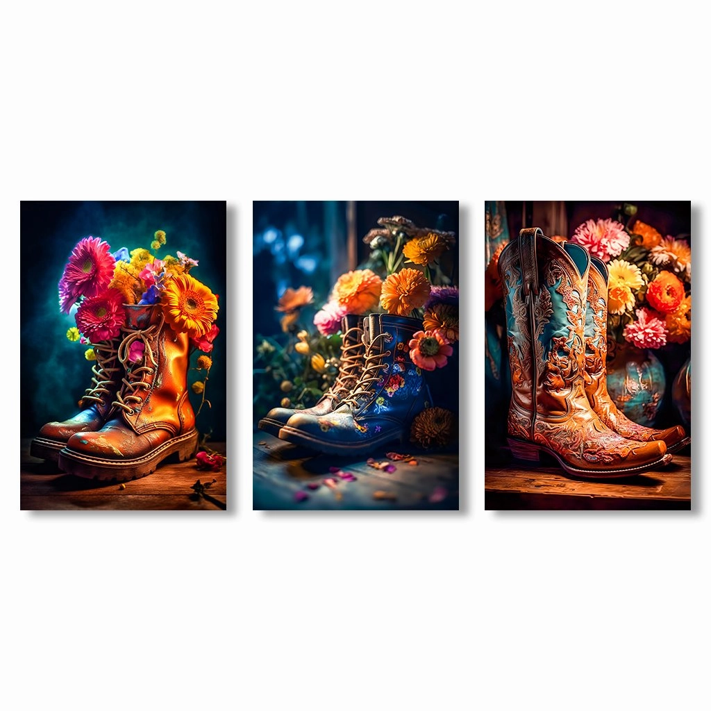 Flowery Boots - Triptych by Himmelmiez framed mural artwork