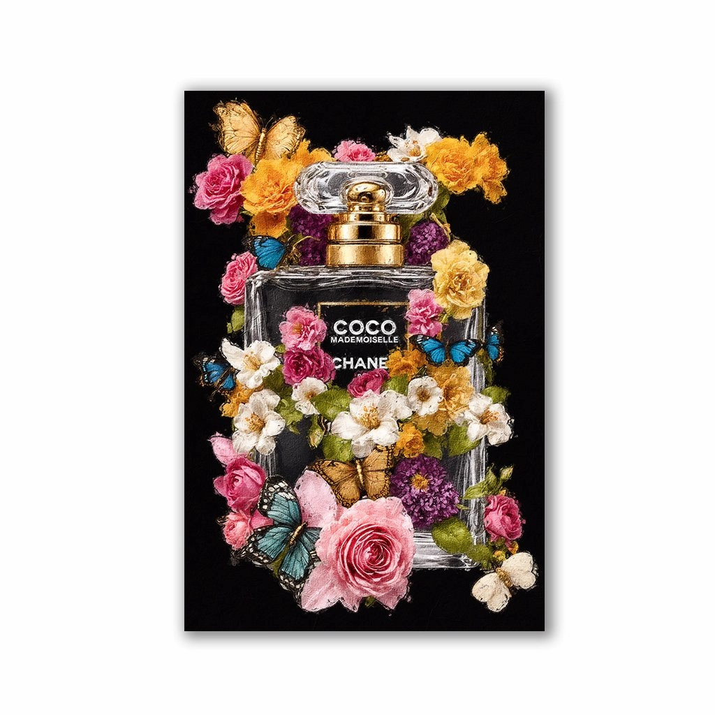 Flowery Coco Bottle by Adrian Vieriu framed mural artwork