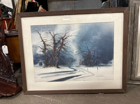 FRAMED AND MATTED WATERCOLOR OF A WINTER LANDSCAPE WITH TREES AND ROAD SIGNED EMILIA CABALLERO artistic wall mural