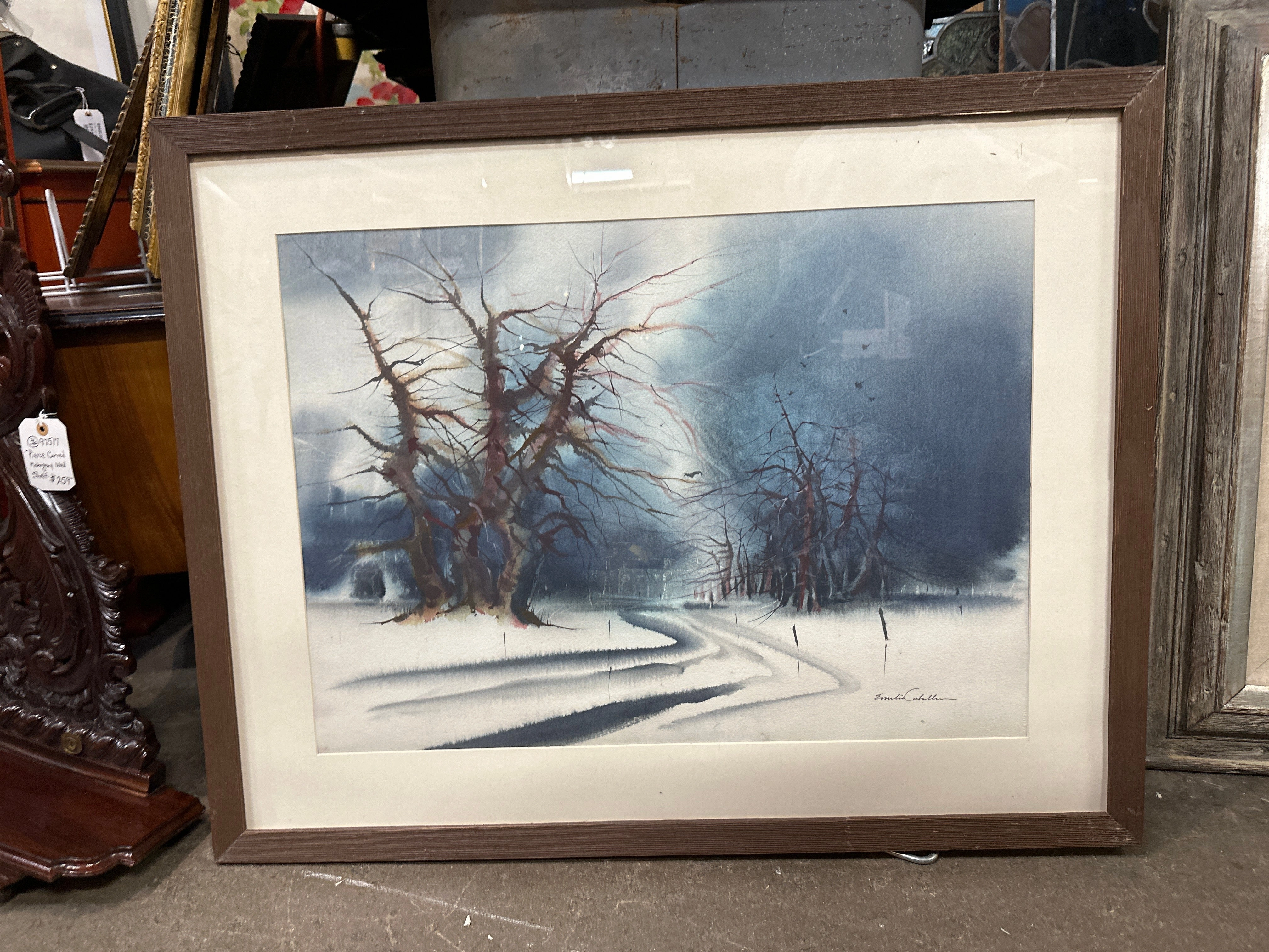FRAMED AND MATTED WATERCOLOR OF A WINTER LANDSCAPE WITH TREES AND ROAD SIGNED EMILIA CABALLERO artistic wall mural