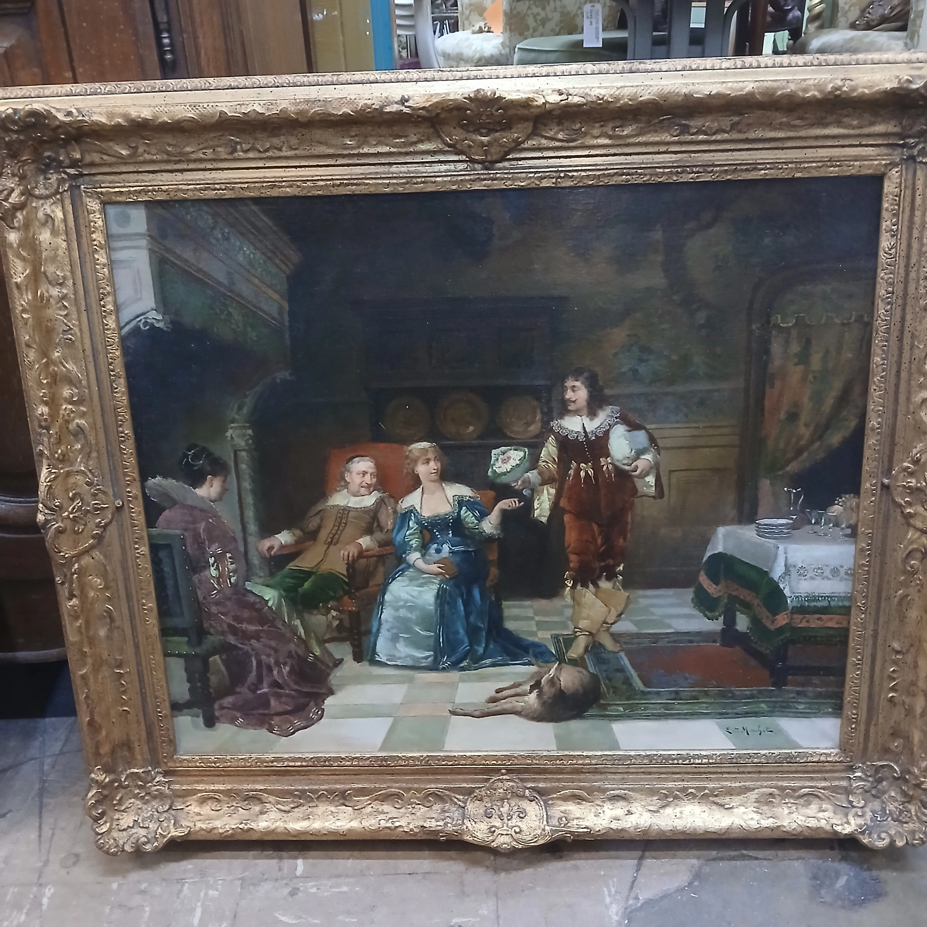 FRAMED FRENCH OIL PAINTING OF A COURTIER SCENCE BYLOUIS HIPPOYLE MOUCHOT