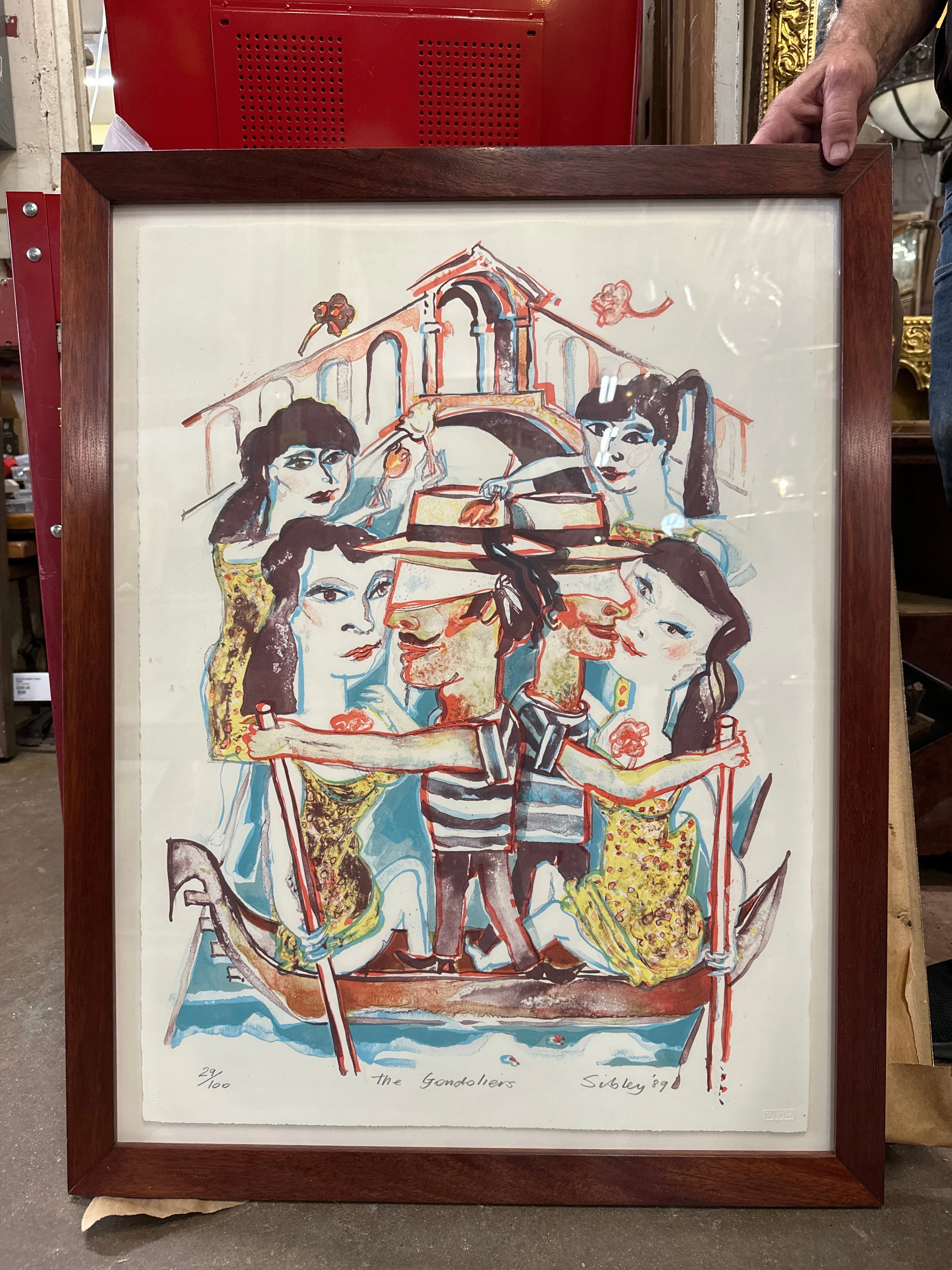 FRAMED IMPRRESSIONIST NUMBERED PRINT OF A VENETIAN GONDOLA WITH WOMEN "THE GONDOLIERS" -SIGNED SIBLEY '89 artistic wall mural