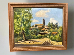 FRAMED LANDSCAPE OIL PAINTING OF A VILLAGE WITH A STEEPLE SIGNED JOSE VIVES ASTARA artistic wall mural