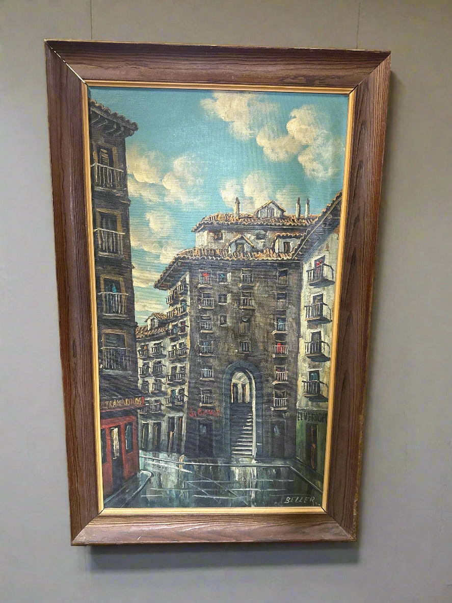 FRAMED MIDCENTURY CITYSCAPE IMPASSTO OIL PAINTING ON CANVAS, SIGNED IGNACIO BELLER artistic wall mural