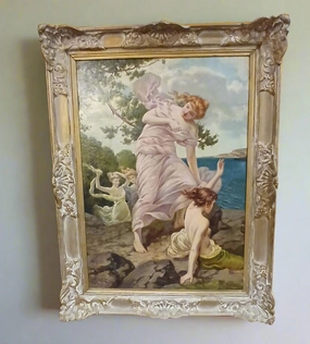 FRAMED OIL PAINTING OF 3 NYMPHS BY THE SEA SIGNED JOHN MONITE artistic wall mural