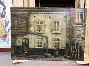 FRAMED OIL PAINTING OF A BUILDING FACADE SIGNED HERCOUME DESIRK artistic wall mural