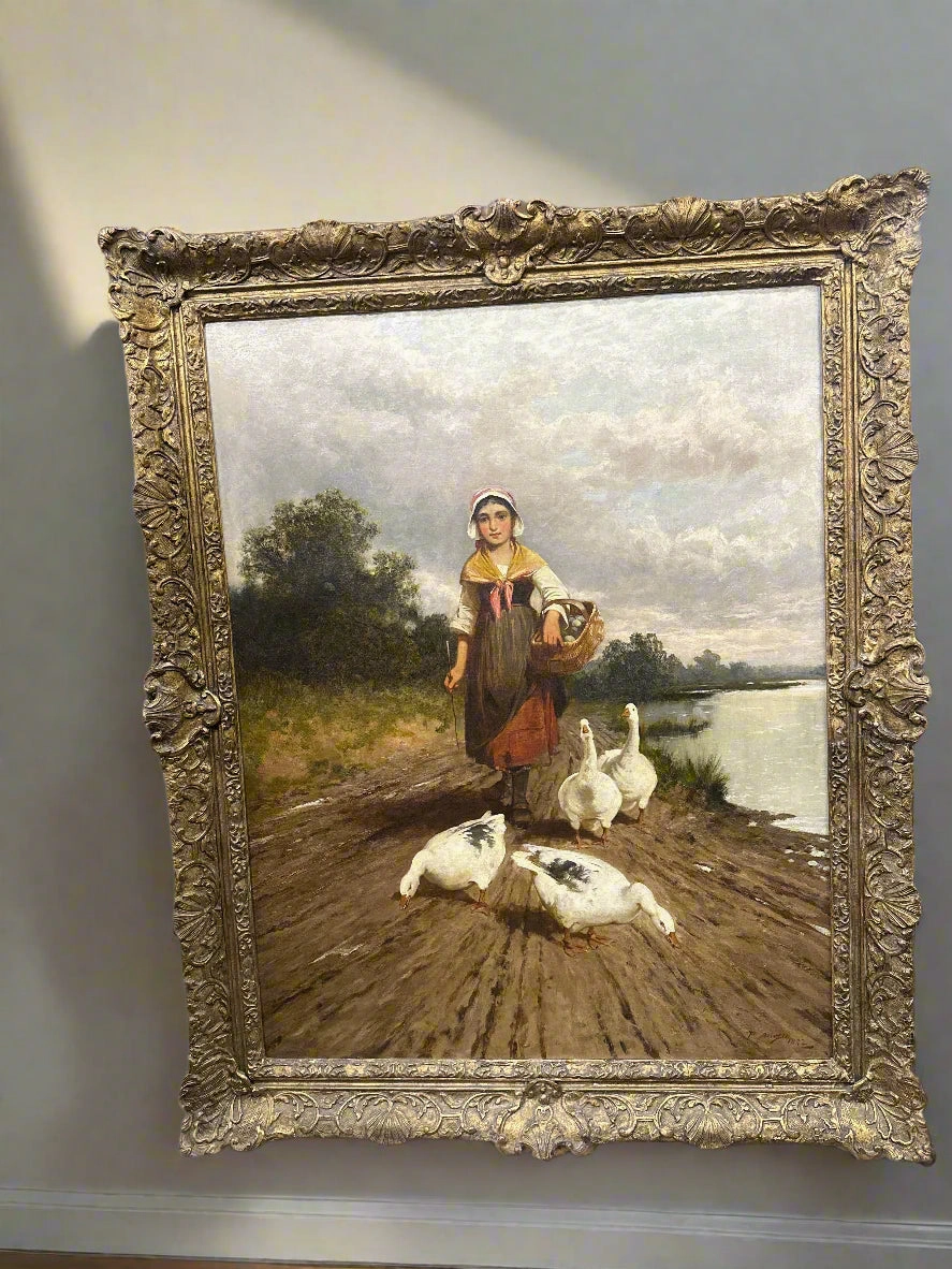 FRAMED OIL PAINTING OF A GIRL WITH GEESE BY P. ANOYES CIRCA 1882 artistic wall mural