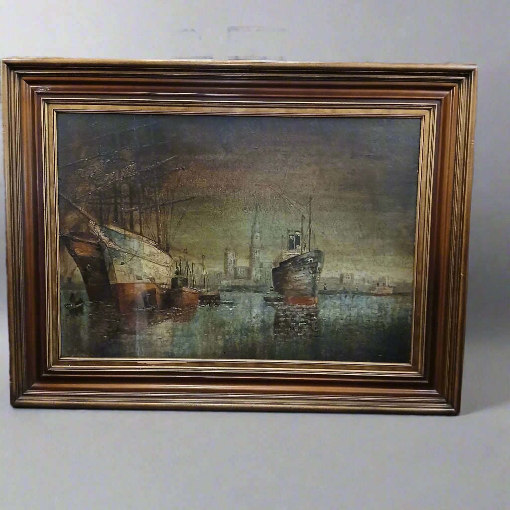 FRAMED OIL PAINTING OF A PORT IN THE EVENING artistic wall mural