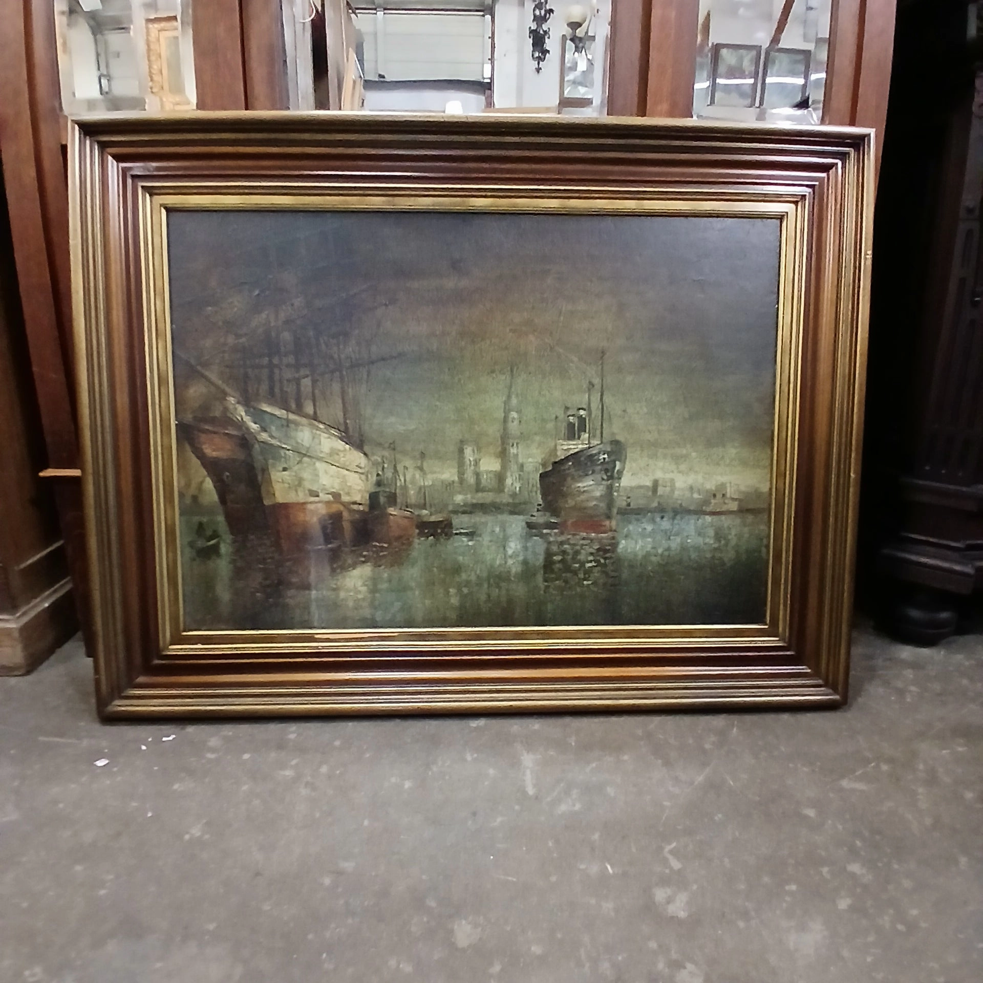 FRAMED OIL PAINTING OF A PORT IN THE EVENING