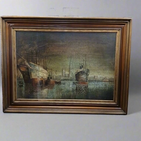 FRAMED OIL PAINTING OF A PORT IN THE EVENING artistic wall mural