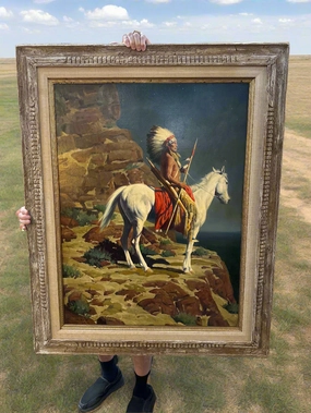 FRAMED OIL PAINTING OF AN  INDIAN ON HORSEBACK SIGNED RM ZOY artistic wall mural