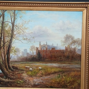 FRAMED OIL PAINTING OF CASTLE WITH SHEEP artistic wall mural