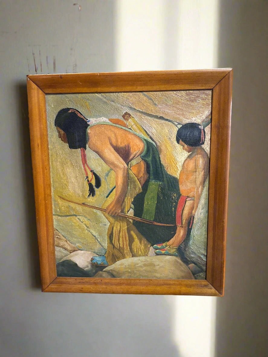 FRAMED OIL PAINTING OF INDIAN FATHER AND SON SIGNED WIN FONIES JR 1935 artistic wall mural