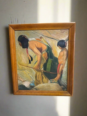 FRAMED OIL PAINTING OF INDIAN FATHER AND SON SIGNED WIN FONIES JR 1935 artistic wall mural