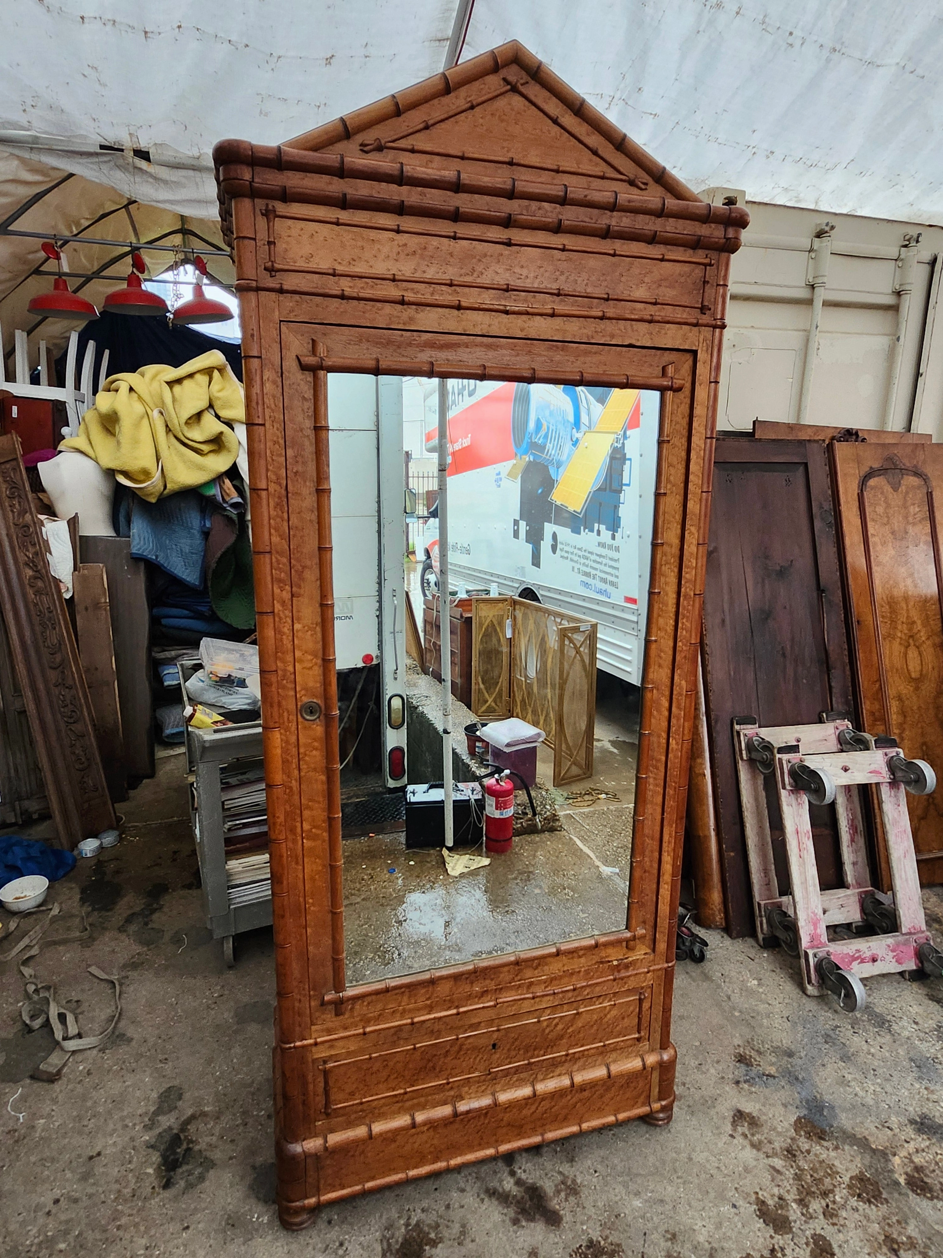 FRENCH FAUX BAMBOO MIRRORED ARMOIRE