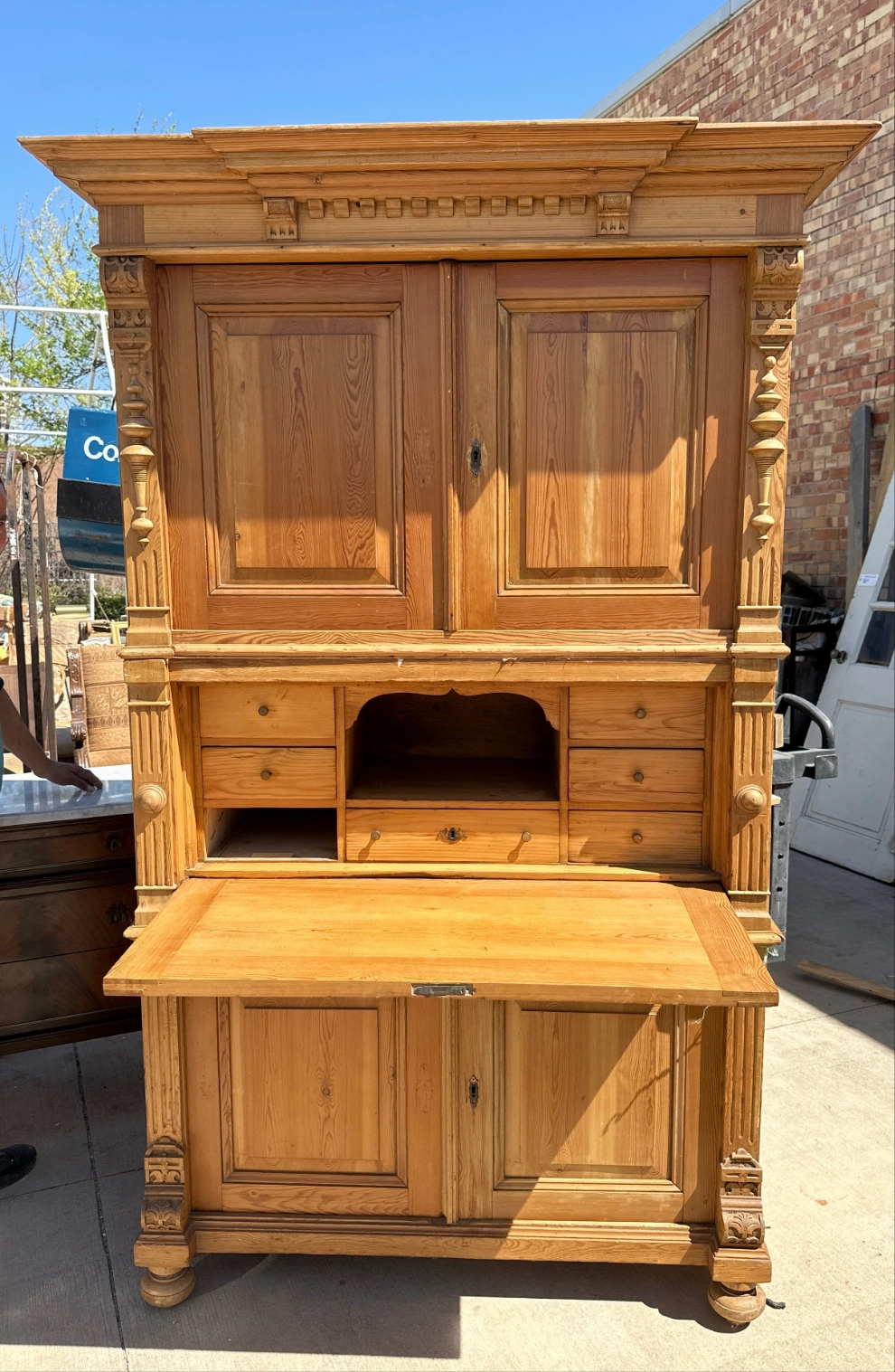 FRENCH PINE PRESS ON DESK ON CABINET