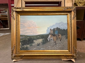 GILT FRAMED  LANDSCAPE OF HORSE MEN AND A WHITE TAIL DEER artistic wall mural