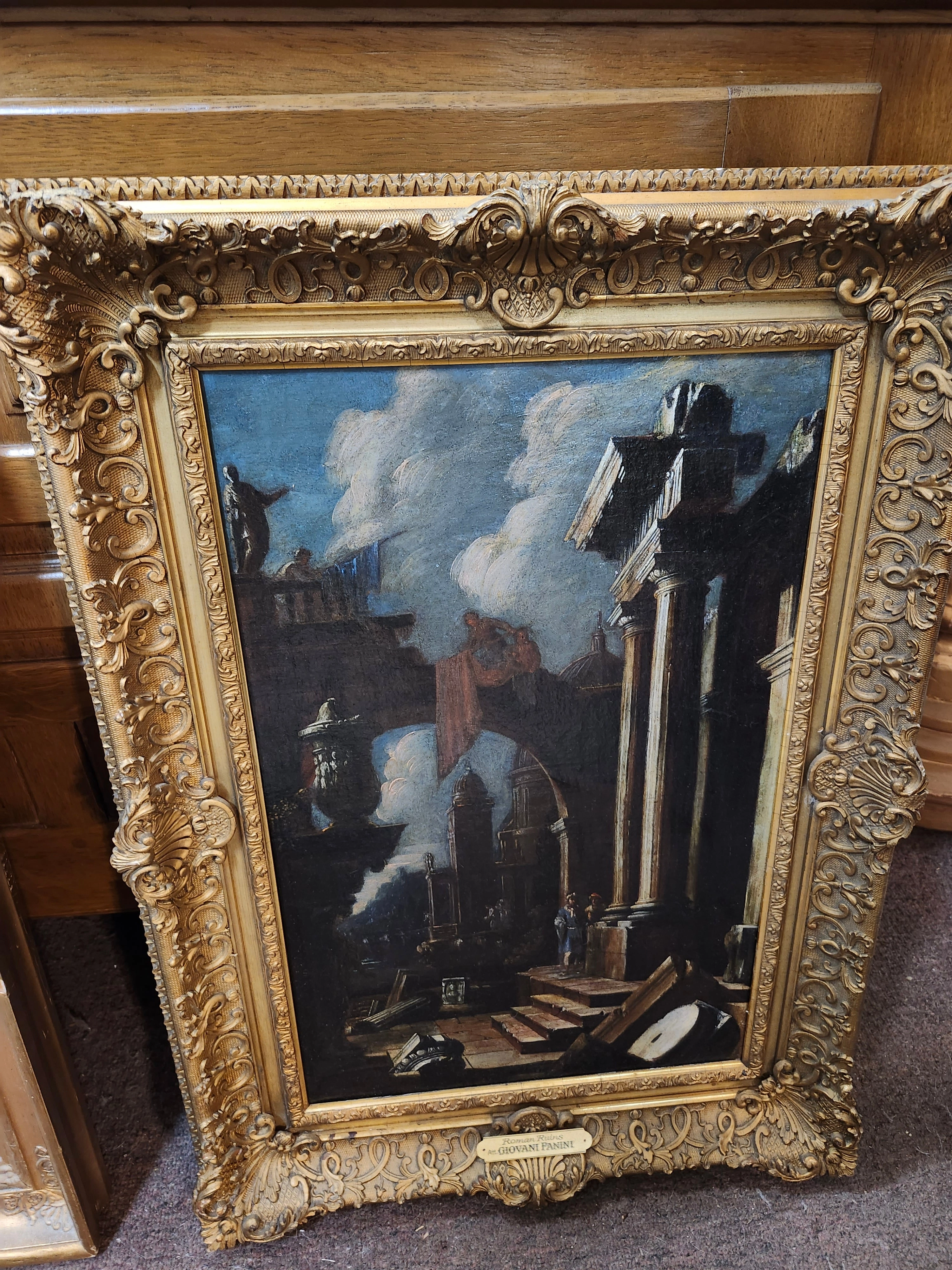 GILT FRAMED OIL PAINTING OF MEN STANDING BY RUINS SIGNED GIOVANI  PANINI artistic wall mural