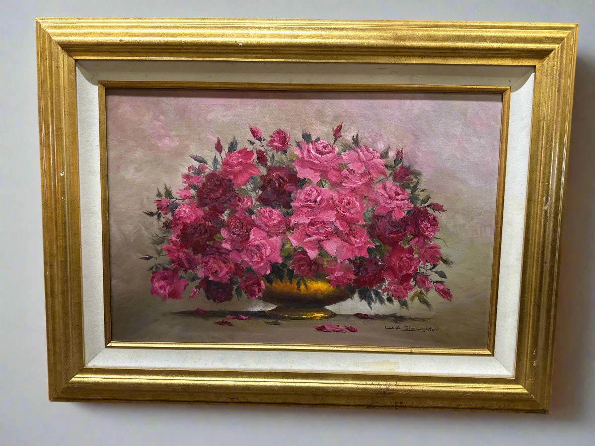 GILT FRAMED STILL LIFE OIL PAINTING OF ROSES SIGNED SLAUGHTER artistic wall mural