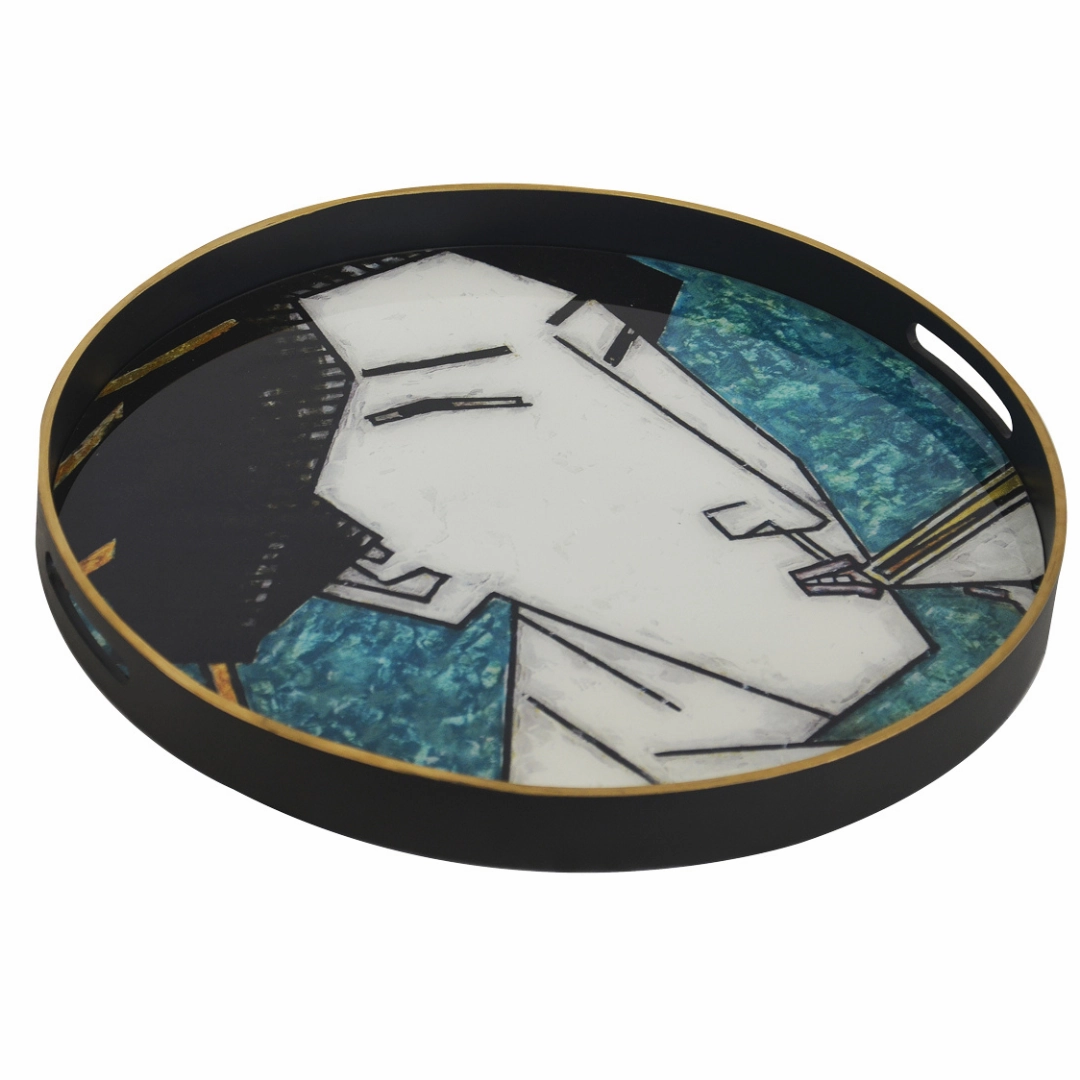 Glass tray geisha girl teal (60cm)