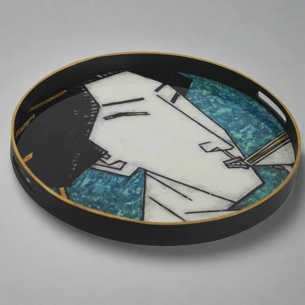Glass tray geisha girl teal (60cm) decorative home ornament