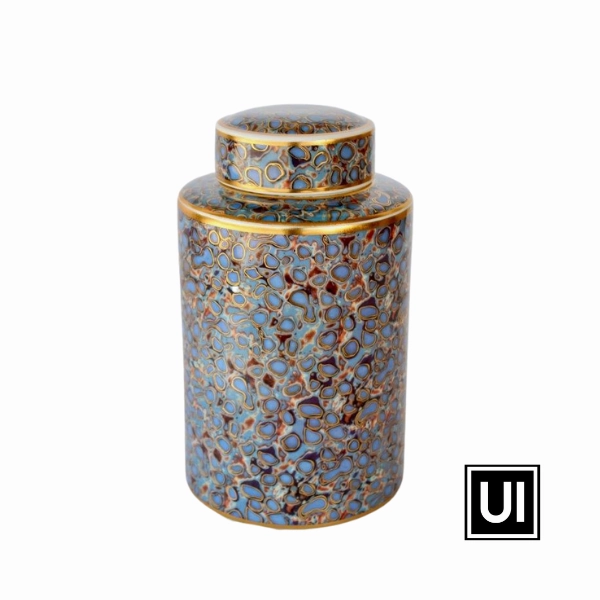 GOLD, BLUE MULTI COLOUR JAR WITH LID 30X19CM