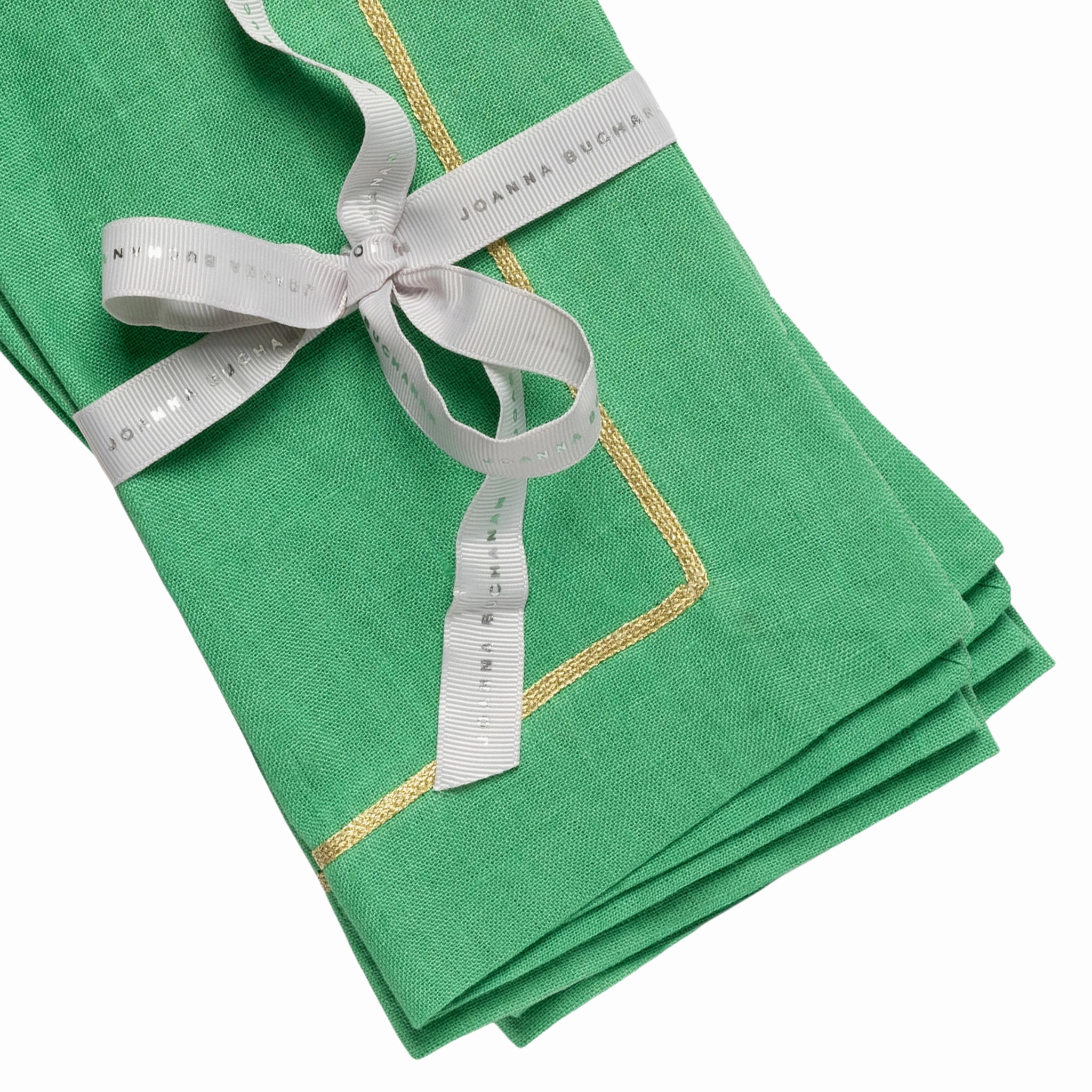 Gold Trim Linen Dinner Napkin,  Grass Green, Set of Two