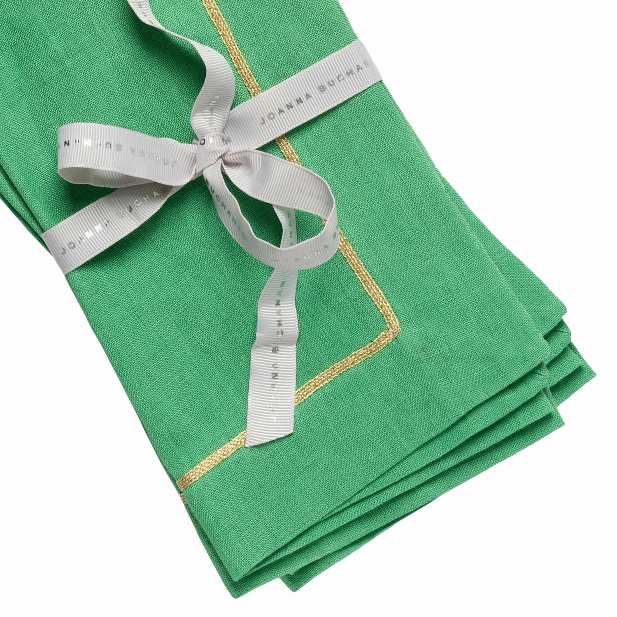 Gold Trim Linen Dinner Napkin,  Grass Green, Set of Two